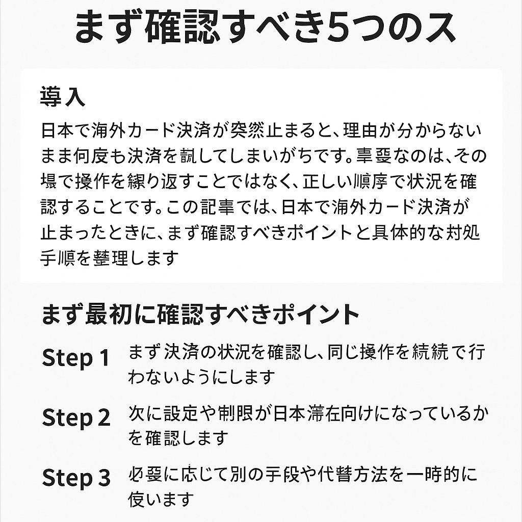 日本で海外カード決済が突然止まったときに原因を確認し、順番に対処する5つのステップを解説した図解