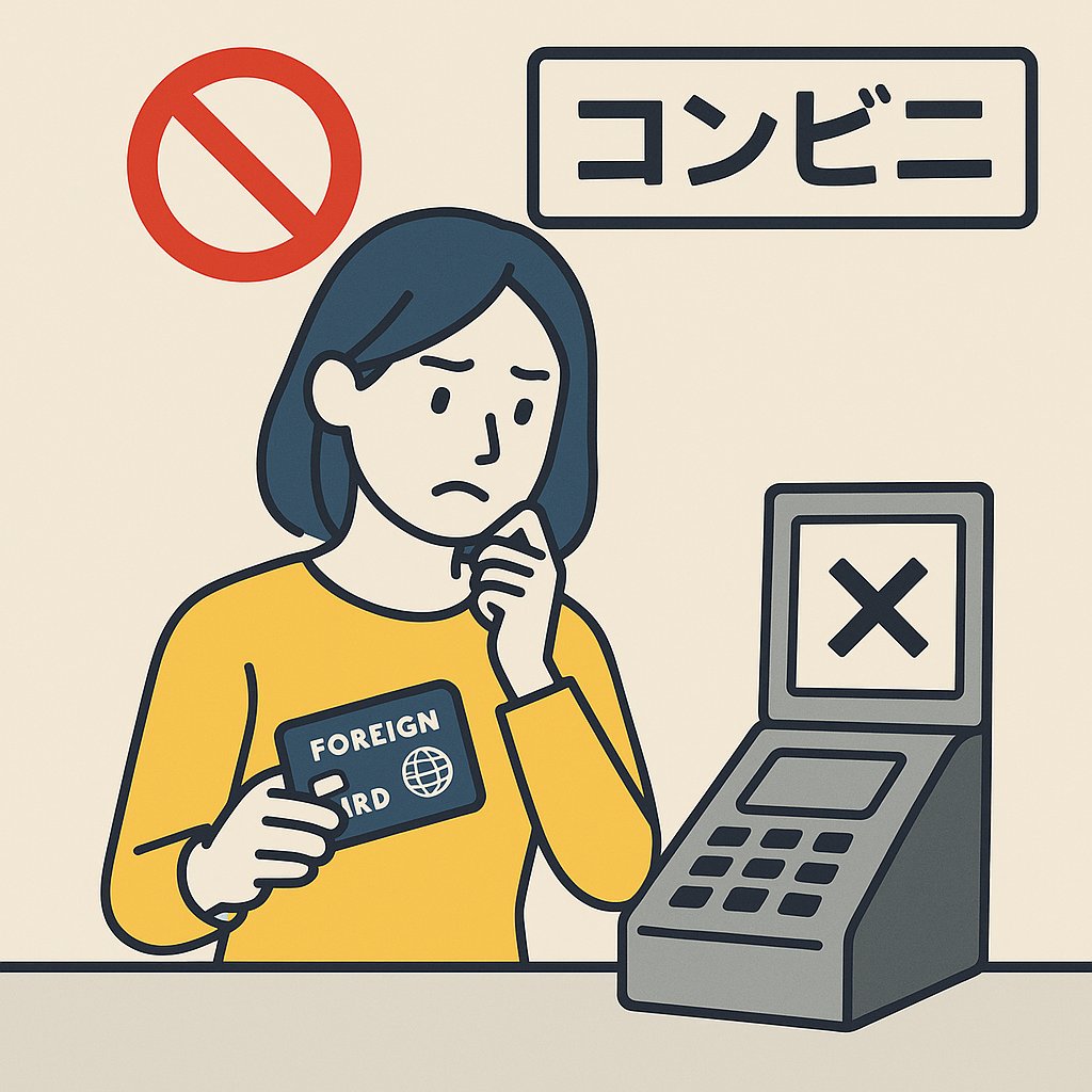 日本のコンビニで海外カード決済が使えず、レジで支払いエラーが発生して困っている様子を示すイラスト