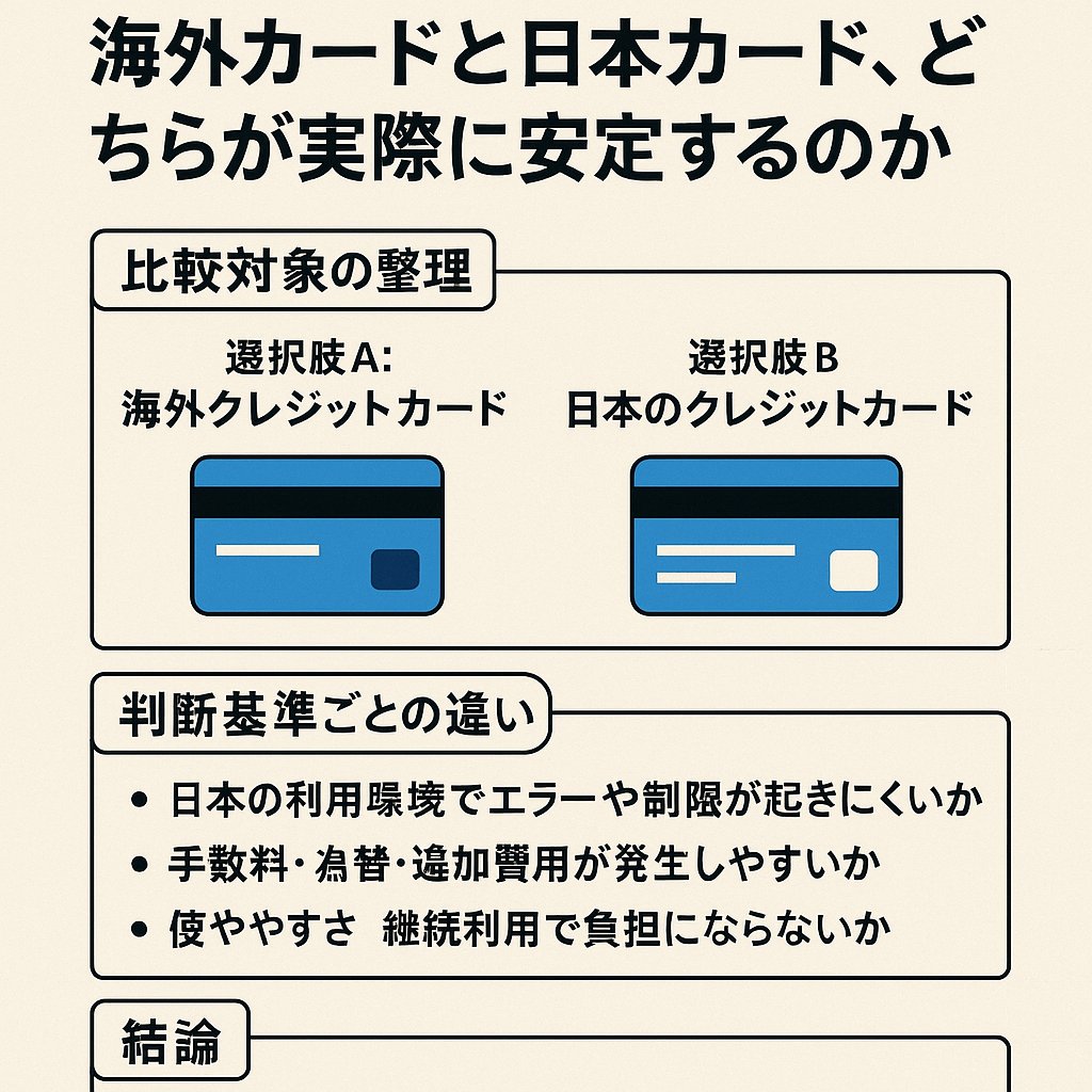 日本で長期滞在する際に海外カードと日本カードを比較する決済イメージ