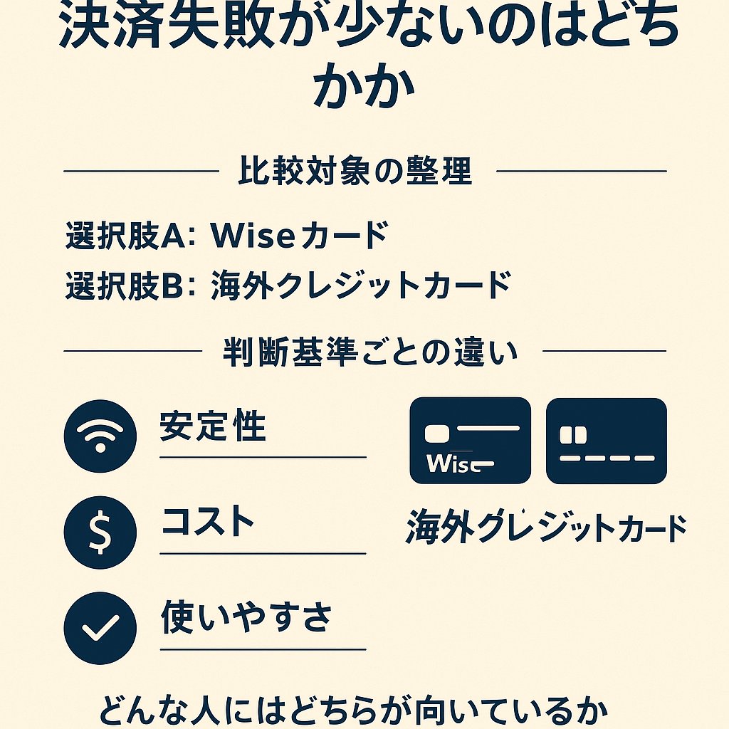 日本の決済環境でWiseカードと海外クレジットカードの安定性・コスト・使いやすさを比較した解説イメージ
