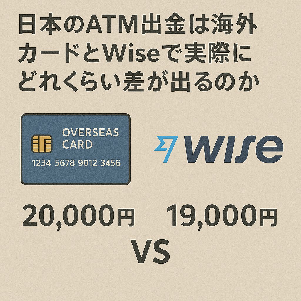 日本のATM出金で海外カードとWiseを利用した場合に、実際の受取金額の差を比較したイラスト